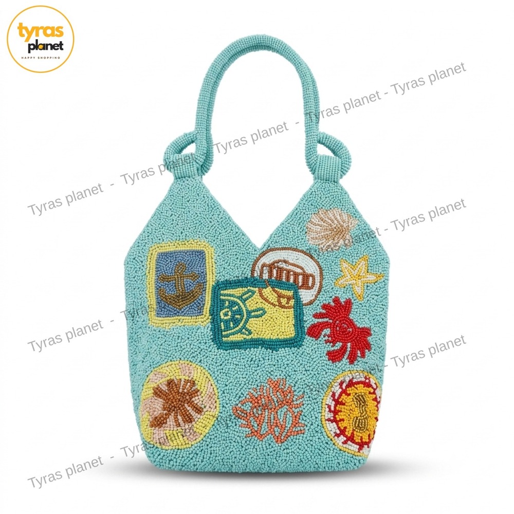 Handmade India Beaded Beach Tote Bag Coastal Nautical Shoulder Purse